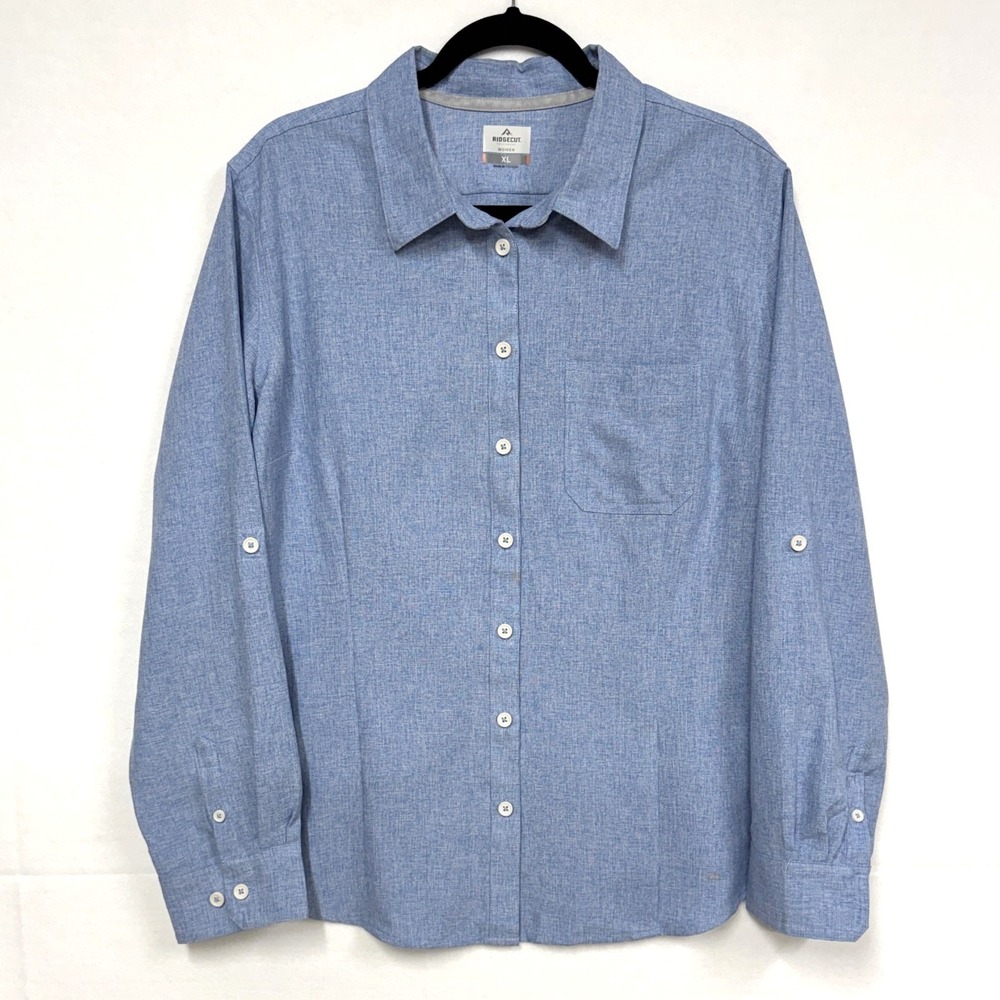 Ridgecut Toughwear Women's Size XL, Blue Long Sleeve Button Up Roll‎ Tab Shirt